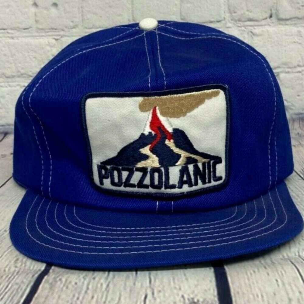 Vintage Pozzolanic Foam Trucker Hat Patch Blue Volcanic Eruption Victory Caps